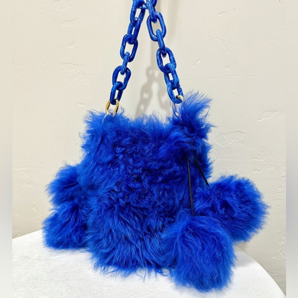 Blue Real Curly Shearling Handmade Unique Drawstring Bucket Bag